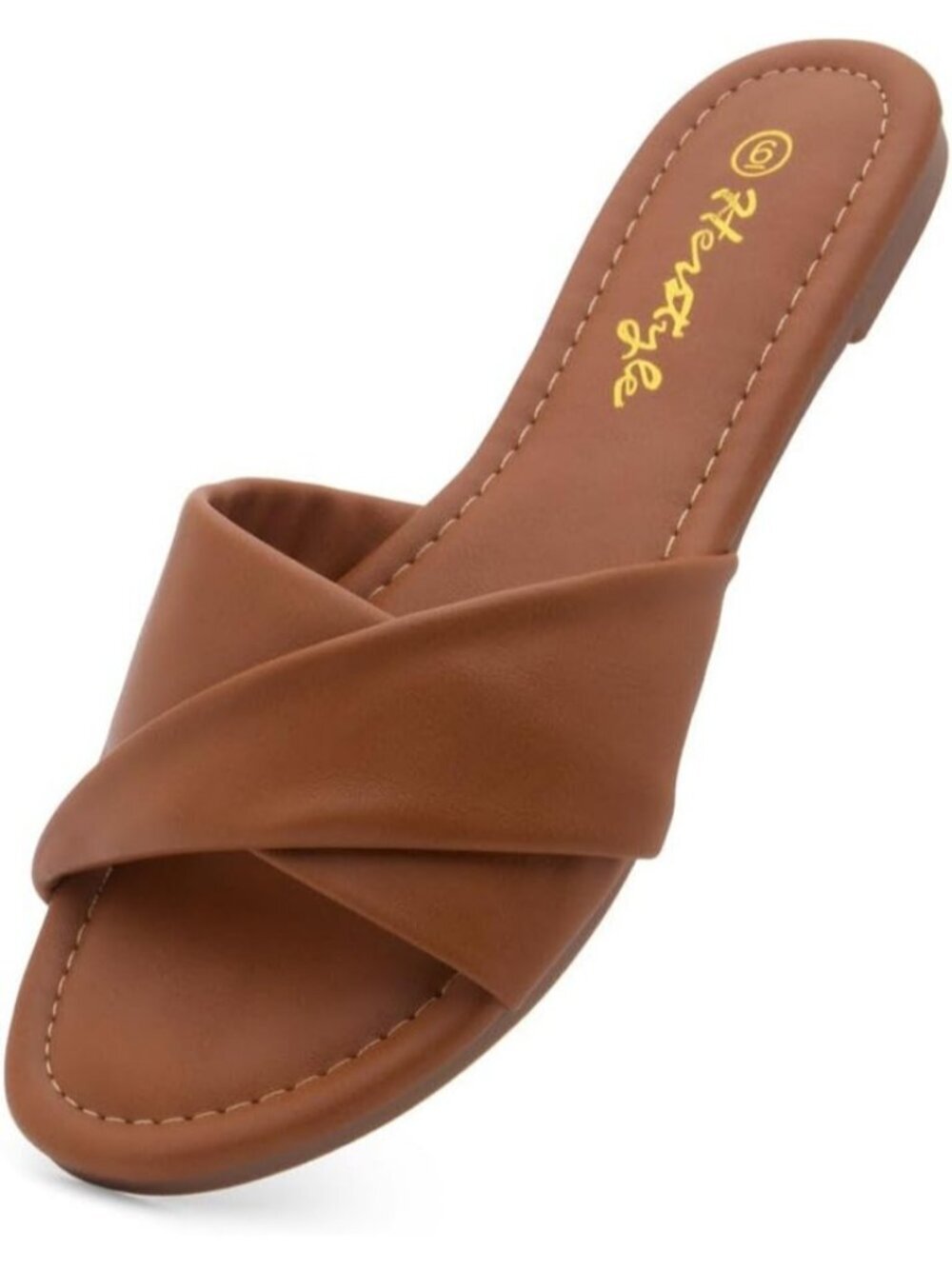 Women's Tan Flats Slip On Open Toe Casual Slides Cushioned Footbed Summer Shoes - Picture 3 of 7